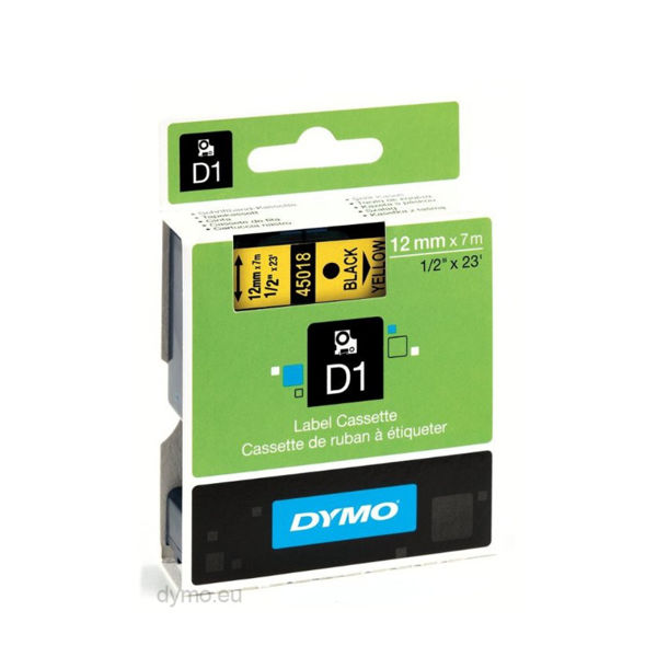 Picture of DYMO D1 LABEL CASSETTE ORIGINAL 45018 12MM BLACK ON YELLOW